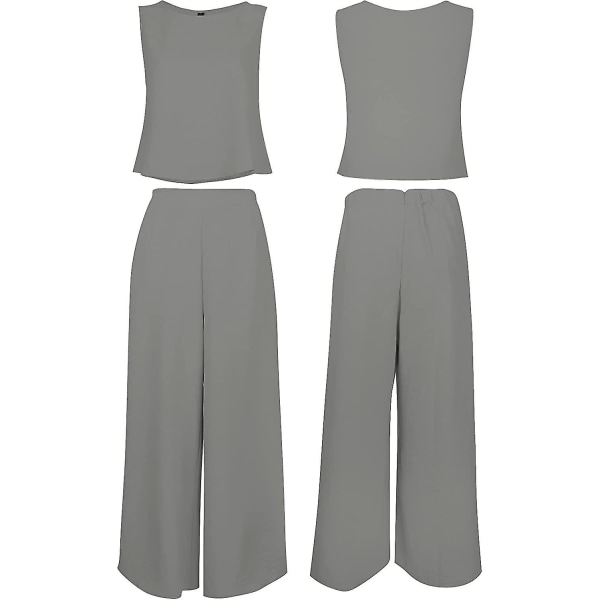 Roylamp Sommer-outfits til kvinder i 2 dele Rundhalset Crop Basic Top Beskåret Bukser med brede ben, Jumpsuits Gray Large