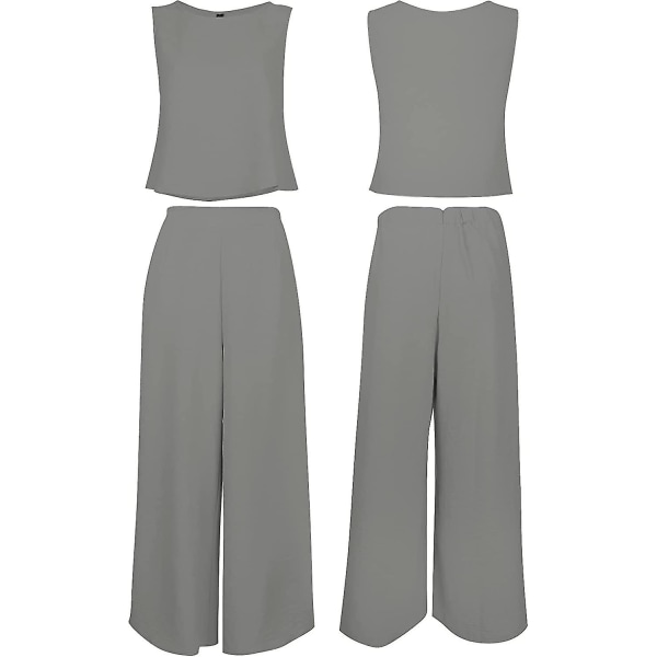 Roylamp sommerantrekk for kvinner i 2 deler Rundhalset Crop Basic Topp Beskåret buksesett med brede ben, Jumpsuits Gray Small