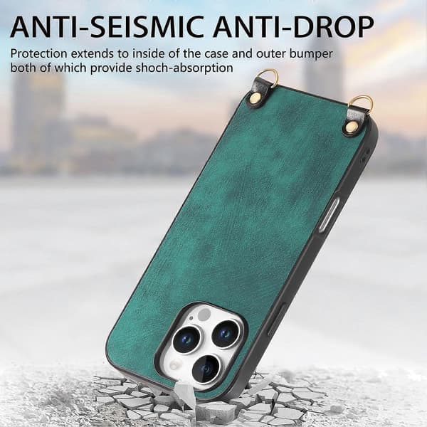 Retro læder telefonbagside til iPhone 16 Pro med justerbar rem Green