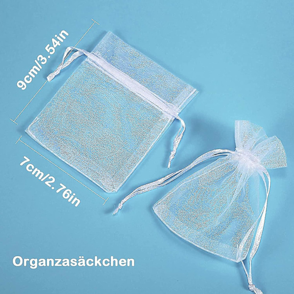 Pakke med 100 hvide organzaposer, 7 x 9 cm, organza gavepose, smykkepose, bryllupsposer, lavendelposer, bryllupsgave