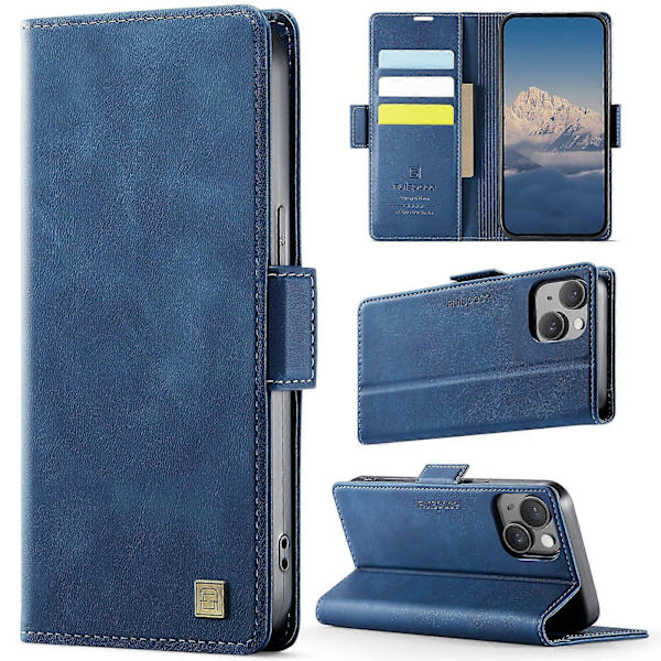 Retro Läder Plånboksfodral för iPhone 15 Plus Blue