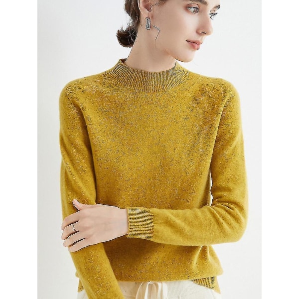 Cashmere genser for kvinner 100 % Cashmere lett, langermet strikket genser med rund hals Mustard yellow XL
