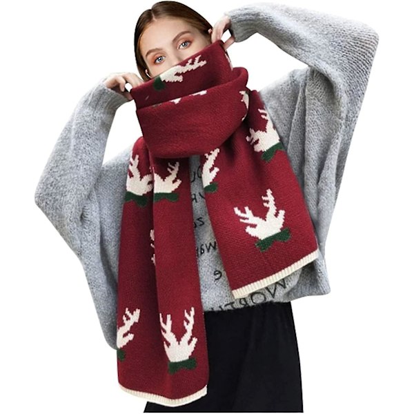 Juleelg-skjerf for kvinner, søtt julehjorte-skjerf, tykt og varmt strikket ullskjerf WINE RED