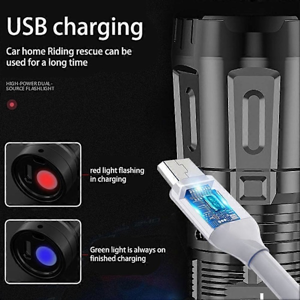 Stark Ljusstark Mini LED Ficklampa USB Uppladdningsbar Power A Funktionsbank