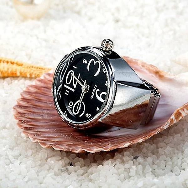 2 stk L04 Urskive Quartz Analog Watch Creative Steel Cool Elastisk Quartz Finger Ring Watch Til Mænd / Black