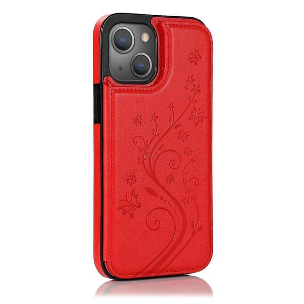 For iPhone 14 Plus Sommerfugler Blomster Dobbel Spenne Deksel Red
