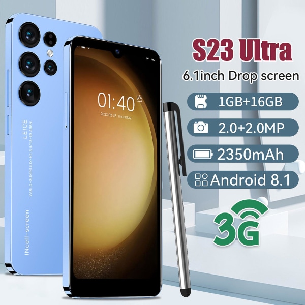 S23 Ultra Android-smarttelefon 6,1-tommers HD Dual Standby-kortspor 1+16G minnestøtteutvidelse 128g FAN2520 Blue