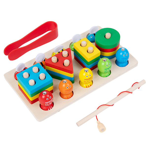 Trä Montessori leksaker för 3+ år, 2 i 1 småbarn lärande form färg sortering och stapling leksaker och magnetiska fiskespel leksak