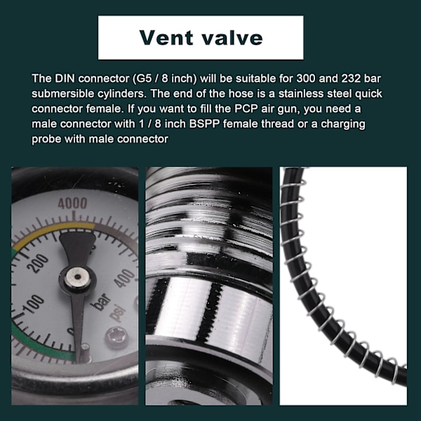 PCP-fyllestasjonsadapter for dykkesylindere med G5/8-tommers DIN-adapter og 50 cm slange