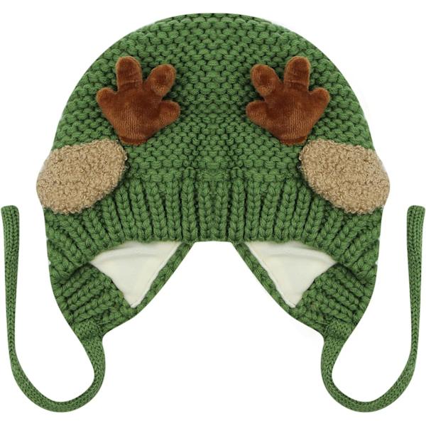 Søt Hjorte-Elg Hodeplagg Babyhatt Vinter Varmt Plysj Strikket Ørevarmer Bonnet Gutter Jenter Caps Beanie med Hakestropp Green One Size