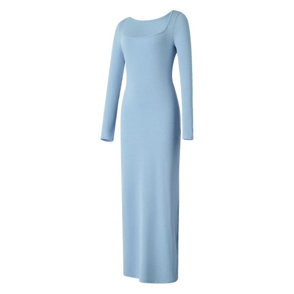 Naisten neliömäinen pitkähihainen mekko Yksivärinen Neulottu Ribbed Bodycon Mekko Juhlamekko Light Blue S