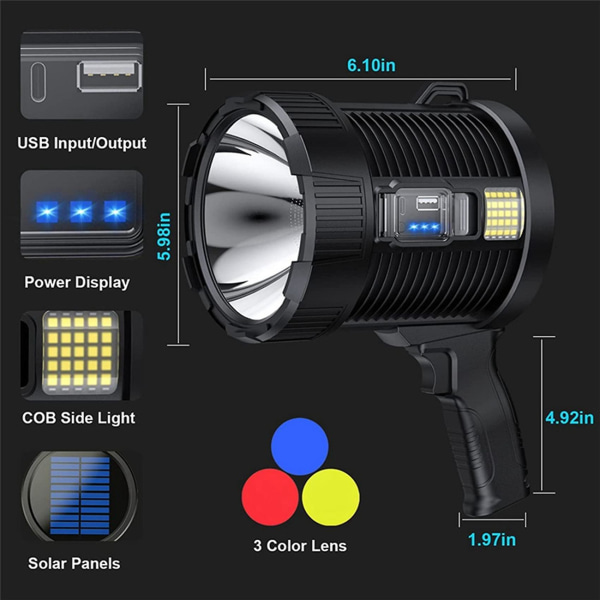 Genopladelig Spotlight, 100000 Lumens Led Spot Lights Håndholdt lommelygte Super Outdoor Solar Spotli