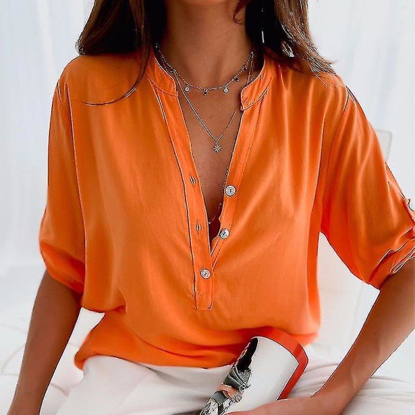 Kvinder kortærmet V-hals skjorte Dame Casual Button-up Baggy Linned Toppe Bluse Orange XL
