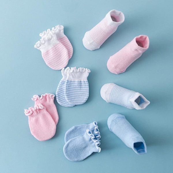 4 par för vantar Bomull Baby Ansikte anti-scratch Blå Nyfödd Scratch Maternal Strumpor Bär Barn Anti- Supplies Lovely