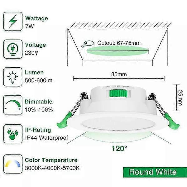 6-pack 7W Smala Dimbar LED Downlights 67-75mm Steglös CCT 2700-6000K Utskärning Vit Finish IP44CE