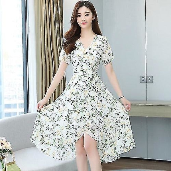 Kvinder piger kjole trendy fransk stil blomsterdesign temperament White M