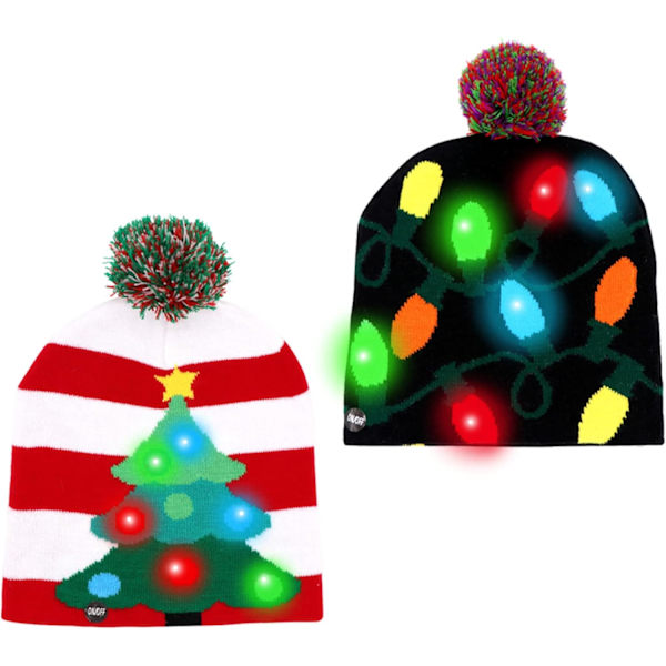 LED Julehue med Lys - Julehatte i Strik med 6 Farverige LED-Lys, Unisex Vinterhue Red