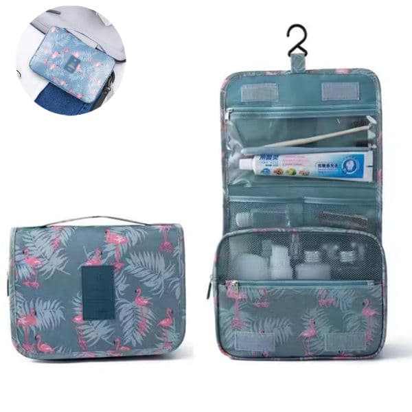 1 pc Hanging Toiletry Bag - Large Cosmetic Makeup Bag Grey Flamingo