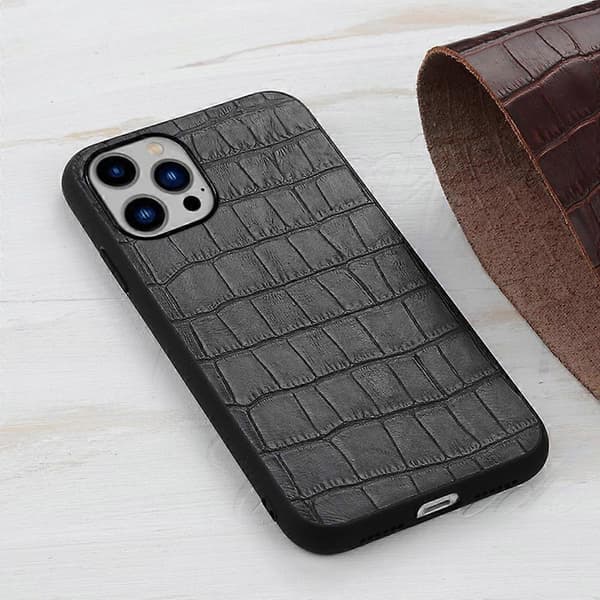 Krokodiltextur Äkta Läder Telefonfodral för iPhone 14 Plus Black