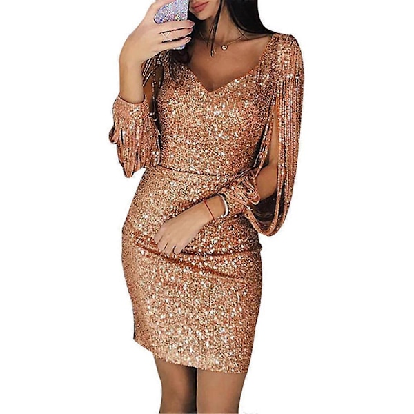 Kvinde Sequin Tassel Ærme Mini Kjole Solid V Hals Aften Fest Slim Fit Kort Kjole Plus Størrelse Khaki 4XL
