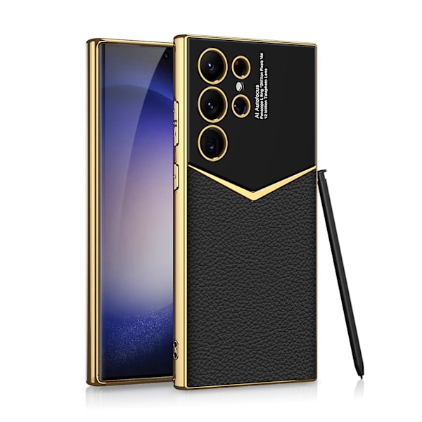 Samsung S24 Ultra Etui med Ægte Læder Bagside, Ultra-Tyndt Galaxy S24 Ultra Etui med Kamera Beskyttelse black
