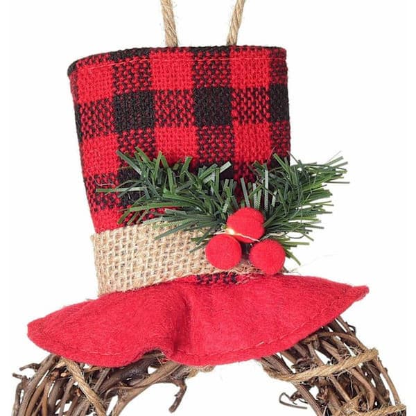 Juletre i tre med LED-belysning, snømann med hatt