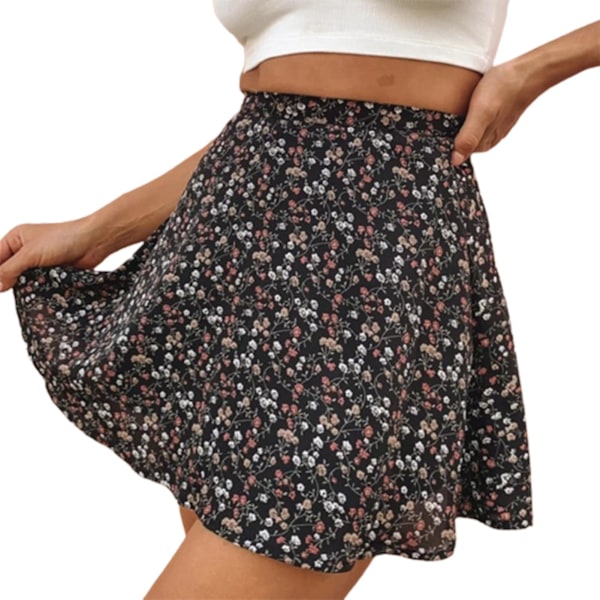 Damkjol med blommigt print Stretchigt tyg som andas, liten blommig kjol för festklubb Danskväll Black