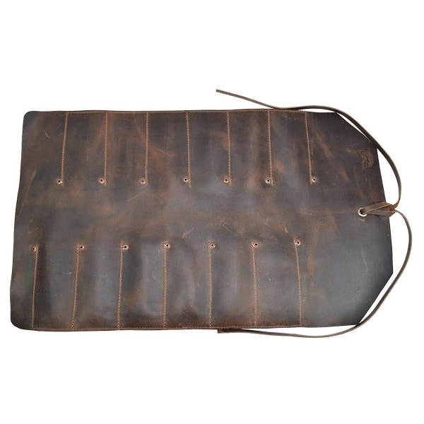 Stor værktøjsrullepose i læder (12 pladser), bærbar bæretaske, værkstedsopbevaring, træbearbejdningsværktøj Brown