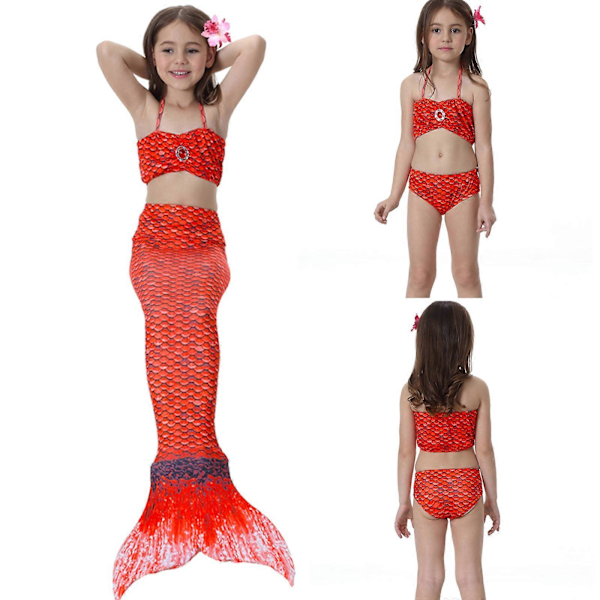Barnflickor Sjöjungfru 3-Delars Set Cosplay Kostym Fisksvans Bikini Baddräkt Red 9-10 Years