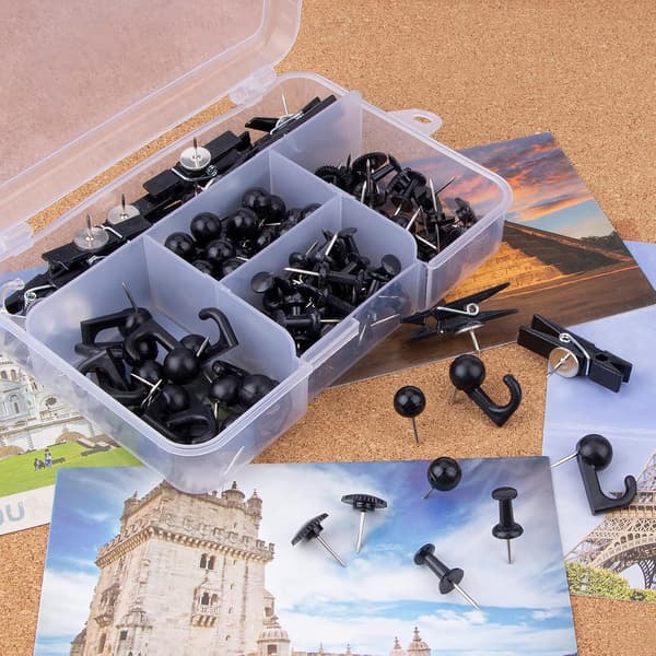 Black Thumbtack Set, 5 Styles, 280 Push Pins Map Tacks, Steel and Dark Plastic Head Pushpins Black Thumbtacks for Cork Bulletin Boards