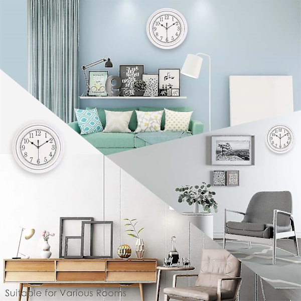 Silent Wall Clock Køkken 9 Tommer Retro Ikke-tikkende dekorativt soveværelse kontor vægur White