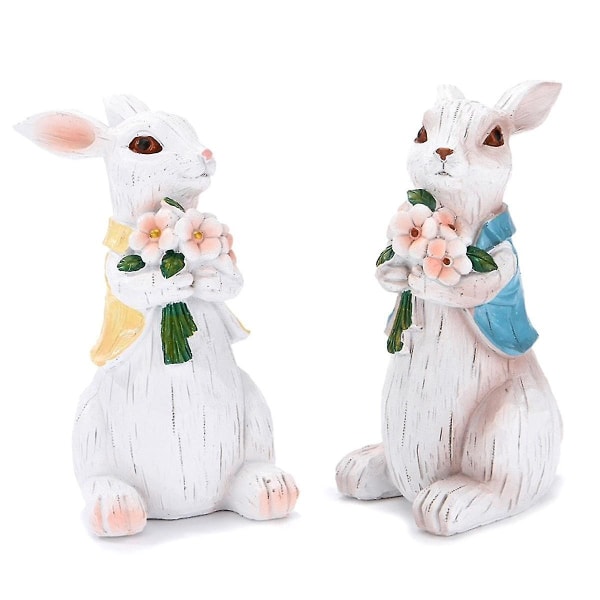 Ulisem 2 stk påskehare dekorationer Resin Bunny figurer, Spring Bunny Decor Håndlavet Par Kanin Sta