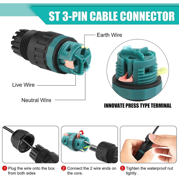 Sett med 4 Ip68 vanntett elektrisk kontakt - 3-pins vanntett kontakt for 5-12 mm diameter kabel