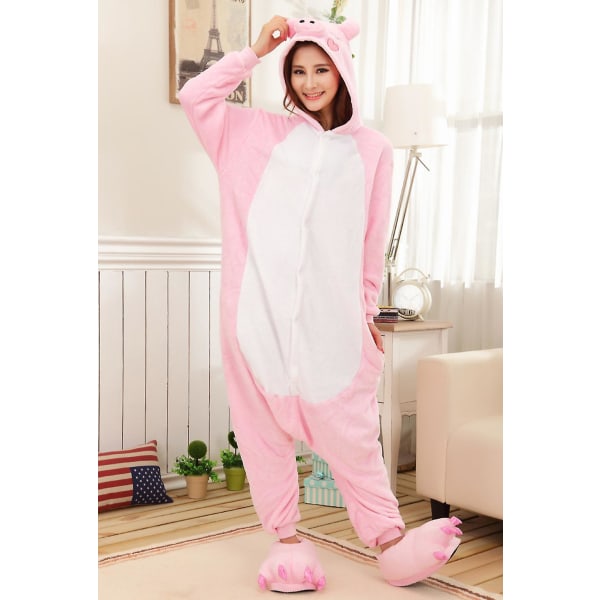 Animal Onesie Dam Flanell Pyjamas Set Vuxen Unisex Män Halloween Gris Cosplay Kostym Par Sovkläder Barn Jul Jumpsuits Pink Pig S (Height 145-155CM)