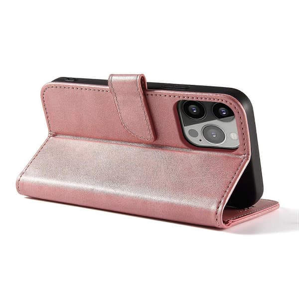 Kalvtextur Spänne Flip Läder Telefonfodral för iPhone 14 Plus Rose Gold
