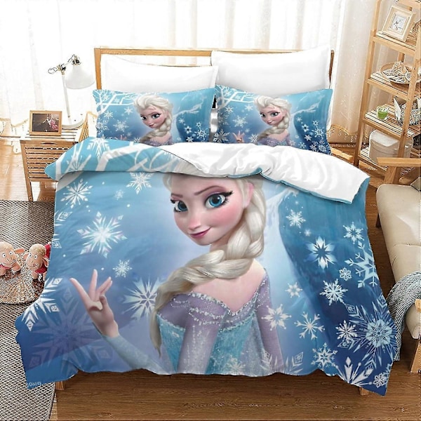 Frozen 3D-tryckt Täcke Set Sängkläder Quilt Sängöverdrag Med Blixtlås 3-delad Set Mjuk Lätt Att Sköta För Unga Och Barn Vuxna Double200x200cm