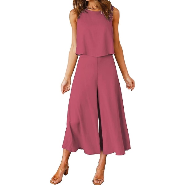 Roylamp sommerantrekk for kvinner i 2 deler Rundhalset Crop Basic Topp Beskåret buksesett med brede ben, Jumpsuits Dark Fuchsia X-Small