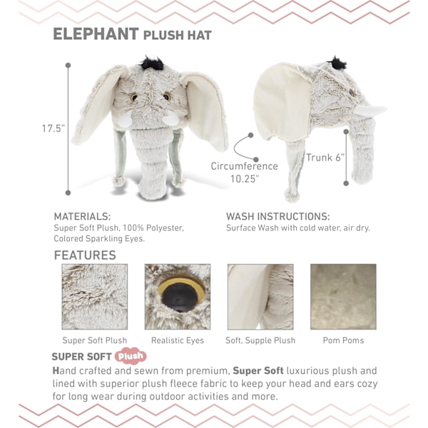 Plush-hatut - Superpehmeä lämmin hattu korvilla, hauska leluhattu, mukava fleece-talvihattu lapsille ja teineille - Yksi koko Elephant