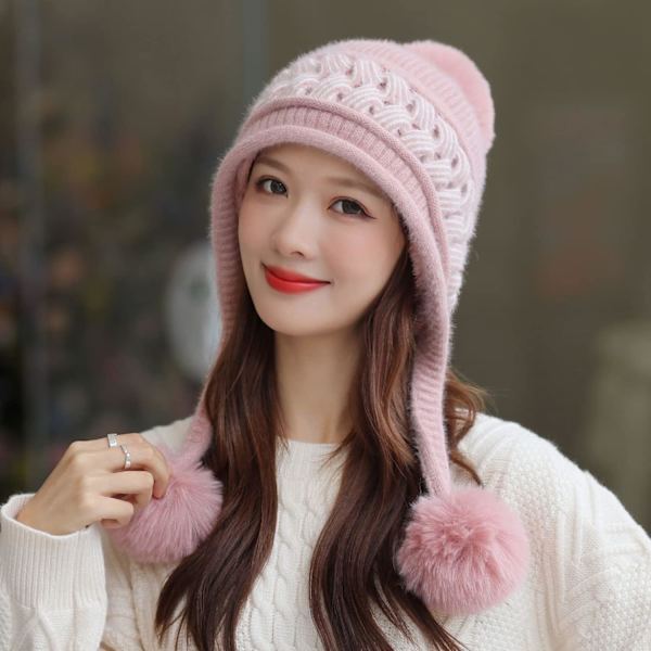 Dam vinter Peruvian öronbeklädnad Beanie Hat Öronklaffar Sherpa Skidmössa Stickad Fleecefodrad 3 Pom M1392-hanfen One Size