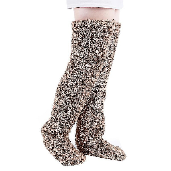 Over Knee High Fuzzy Lange Sokker Plys Tøffel Strømper Benvarmere Vinter Hjem Sove Sokker - S Brown