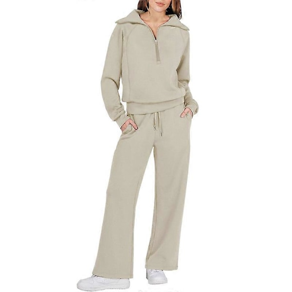 Dame Todelt Outfit Sveddrag Sæt Kvart Lynlås Efterår Lounge Sæt Tracksuit Khaki XL