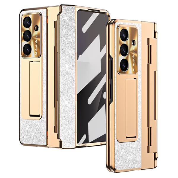 Etui til Samsung Z Fold 7, med støtteben, hengselbeskyttelse, strassglitter Silver