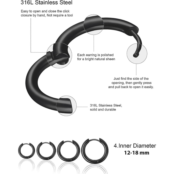 4 par rostfria ringörhängen små broskringar örhängen näsa läppringar för män och kvinnor Black 8 mm*10 mm*12 mm*14 mm