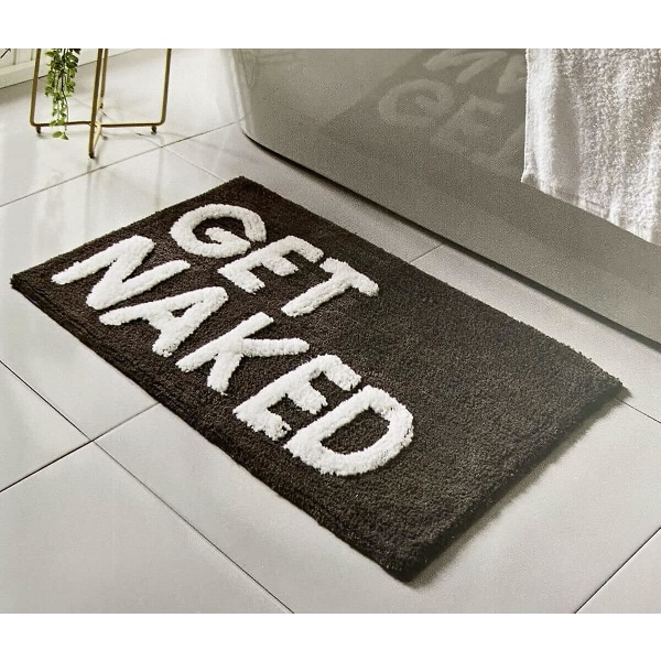 Get Naked Black & White Badematte Bakside Vannabsorberende badeteppe med pop Up Get Naked Letters Supermyk og sklisikker (svart)