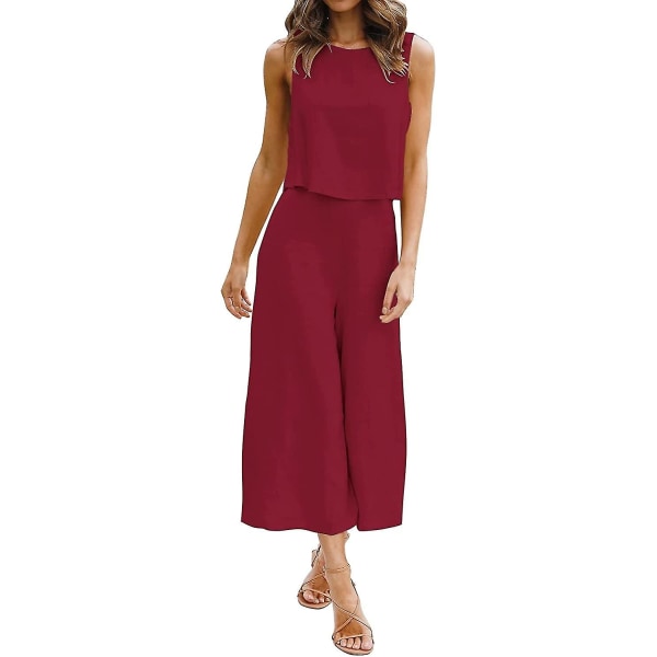 Roylamp sommerantrekk for kvinner i 2 deler Rundhalset Crop Basic Topp Beskåret buksesett med brede ben, Jumpsuits Burgundy Small