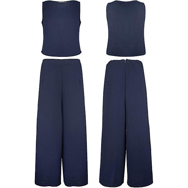 Roylamp Sommer-outfits til kvinder i 2 dele Rundhalset Crop Basic Top Beskåret Bukser med brede ben, Jumpsuits Navy Blue Medium
