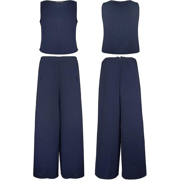 Roylamp sommerantrekk for kvinner i 2 deler Rundhalset Crop Basic Topp Beskåret buksesett med brede ben, Jumpsuits Navy Blue Medium