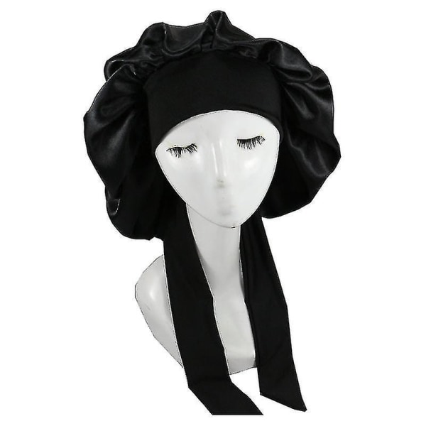 Silke Bonnet Satin Bonnet For Sove Bonnet Med Tie Band Natthette Black