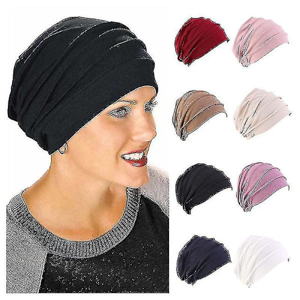 Kvinner Bomull Elastisk Beanie Myk Turban Bonnet Head Wrap Sikring Lamell Chemo Hat White