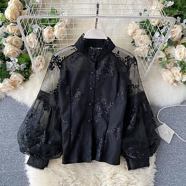 Syksyn uusi ranskalainen vintage-tyylinen raskas verkkokangas kolmiulotteinen kirjonta pusero naisille pörröhihainen keijupaita musta Black